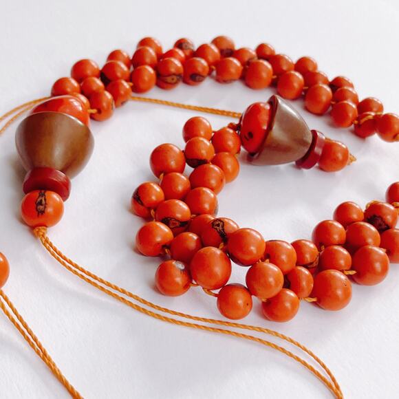 VTG 1970s Tagua Nut Wood Necklace Boho Artisan Long Natural Statement Jewelry - Picture 5 of 13